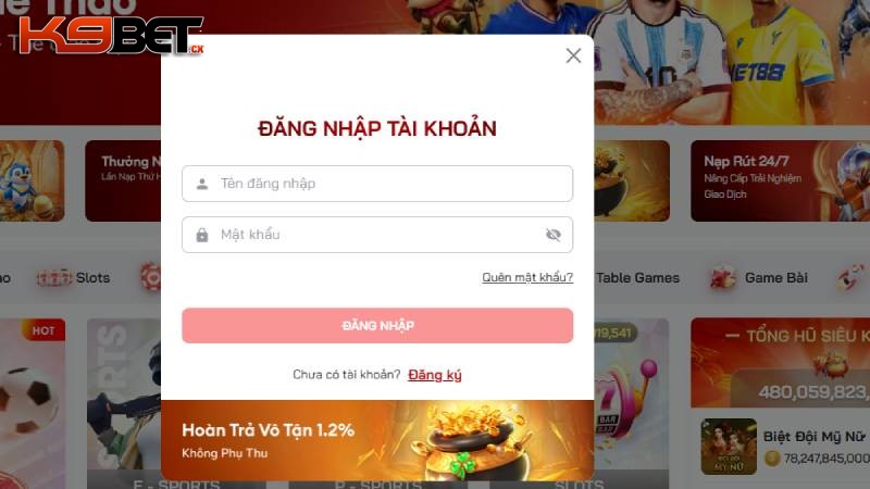 Nhập chính xác thông tin đăng nhập K9BET biểu mẫu xuất hiện trên màn hình