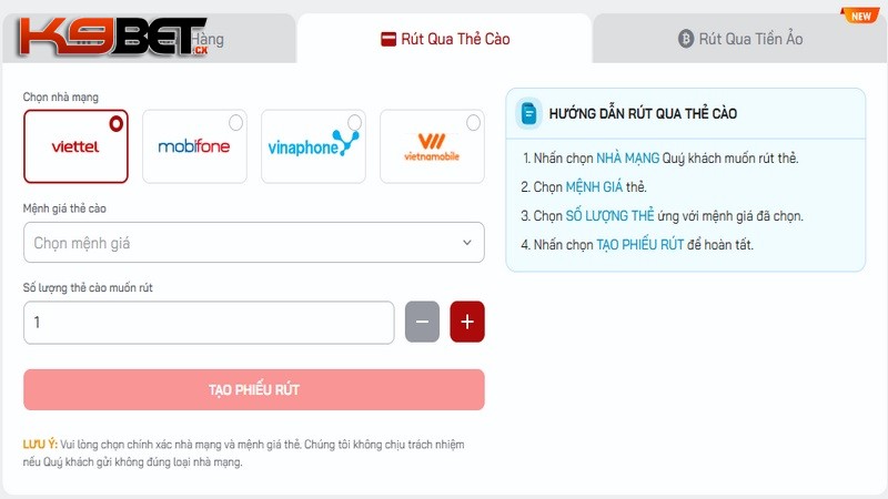 Rút tiền K9BET bằng thẻ cào nhanh chóng qua 4 bước
